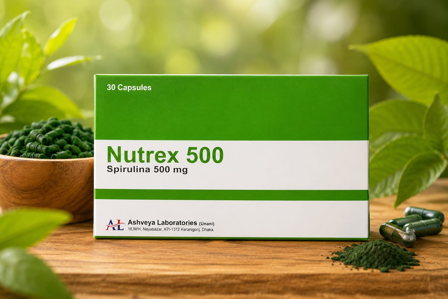 Nutrex 500 spirulina capsule carton on a studio background