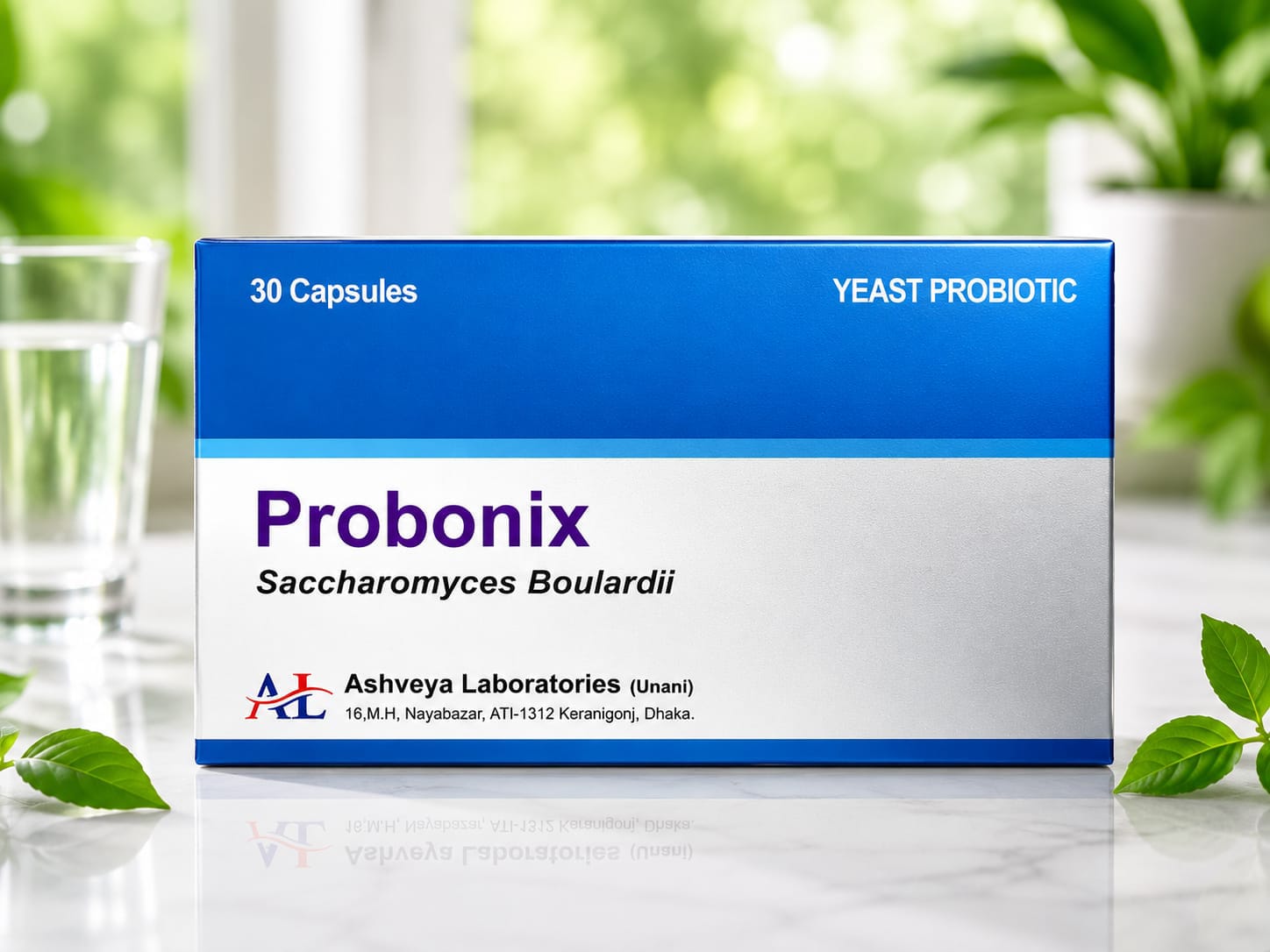 Probonix Saccharomyces Boulardii capsule carton on a studio background