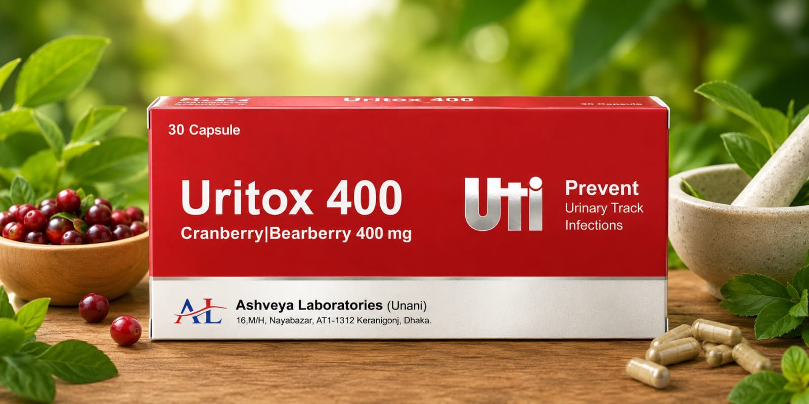 Uritox 400 cranberry and bearberry capsule carton on a studio background