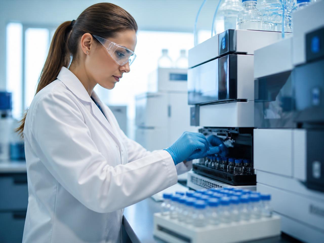 Analytical chemist loading sample vials into an HPLC system in the Ashveya quality control laboratory